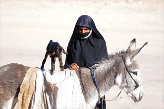 Bedouin woman with a goatling standing on the back of a donkey