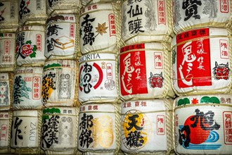 Barrels of stacked sake