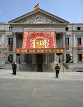 Royal canopy in front of parliament building in honor of the coronation of King Felipe VI