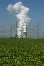 High-voltage power lines in front of the lignite power plant of Bergheim-Niederaussem