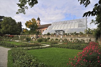 Italian Rose Garden with the Palm House and the Castle Church St. Marien