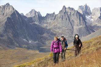 People hiking in arctic or subalpine tundra