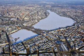 Aerial view of the Inner Alster Lake and the Outer Alster Lake in winter