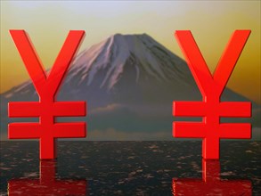 Yen currency symbols painted with red varnish on granite