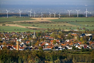 Town of Ruthen with wind power station on Soester Haarstrang ridge