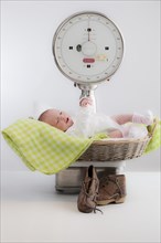 Baby lying in a basket on a scale
