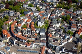 Aerial view of the historical city centre of Ludenscheid's old town with the Erloserkirche at the Kirchplatz in Ludenscheid im Sauerland in the federal state North Rhine-Westphalia