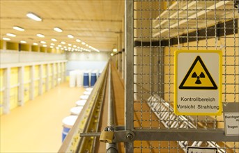 Warning sign in the storehouse for Castor containers filled with spent fuel rods at the Emsland nuclear power plant of the RWE Power AG