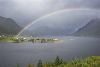 View from a lookout towards Sildpollnes with a rainbow