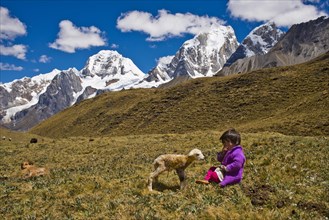 A girl of the Quechua Indians sitting with a newborn lamb on a mountain meadow in front of snow-capped mountains