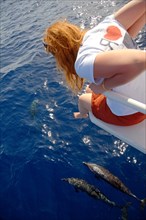 Red-haired woman looking at dolphins