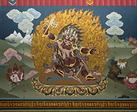 Wall paintings with motifs of Buddhist mythology in the Trashi Chhoe Dzong monastic fortress