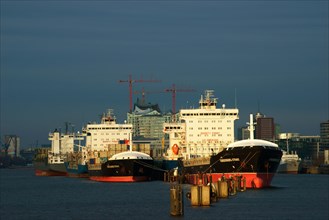 Ships in the Port of Hamburg at anchor in the North Elbe
