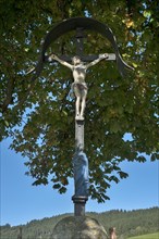 Crucifix under a summer linden (Tilia platyphyllos)