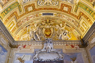 Coat of warms of Pope Urban VIII and stucco ceiling in the Galleria delle Carte Geografiche