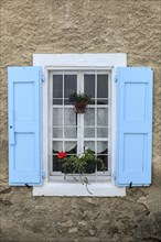Window with bright blue shutters and potted plants