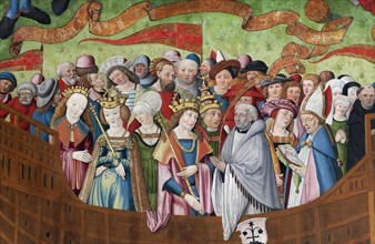 People of all classes of the middle ages gathered on board of a ship