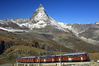 Gornergratbahn railway between Zermatt-Gornergrat in front of the Matterhorn