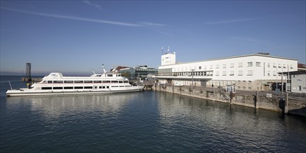 Passenger ship in the harbour in front of the Zeppelin Museum