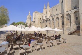 Sidewalk cafe in front of the Palais des Papes or Papal Palace