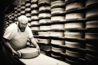 Cheese maker brushing a cheese wheel
