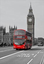 Red double-decker bus on Westminster Bridge with Big Ben or Elizabeth Tower