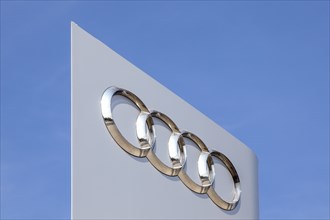 Audi AG logo at the production location in Gyor