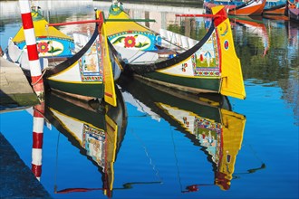 Moliceiro boats anchored along a canal