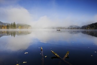 Schwarzsee with fishing boat in the morning mist