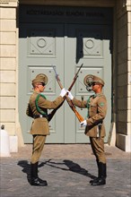 Changing of the guards in front of the Presidential Palace Sandor Palace on Castle Hill