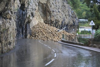 Rockfall after heavy rains on the road between Monaco and Roquebrune Cap Martin