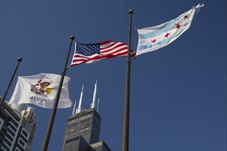 Flags in front of Willis Tower