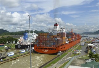 Container ship at the Miraflores Locks