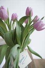 Tulips in a vase with the note 'Merci'