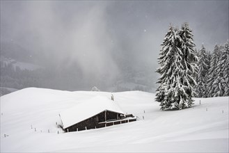 Snowed-in mountain hut on a slope with snowfall