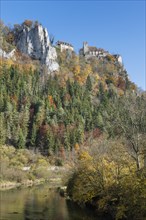 Danube River in the autumnal Danube Valley with Burg Werenwag Castle