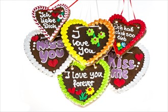 Various gingerbread hearts with declarations of love
