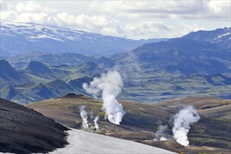 View from the Mt Hrafntinnusker or 'Raven Mountain' across hot springs to Myrdalsjokull galcier