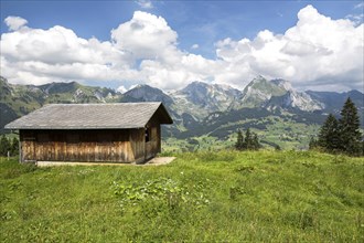 View from Klangweg or Sound Trail on Toggenburg Mountain towards the Alpstein Mountains with Saentis Mountain