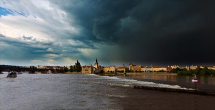 Vltava River during a thunderstorm and rain