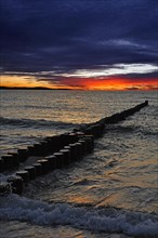 Groynes on a Baltic Sea beach before sunset