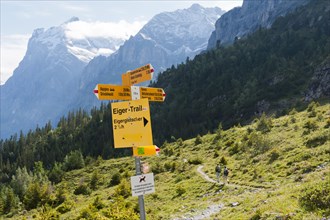 Yellow signpost to the Eiger Trail or Grindelwald below the Eiger North Face