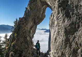 Young man stands in the rock gate Breitensteinfensterl with a view of the high fog above the valley
