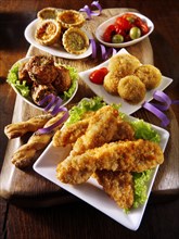 Party buffet food with Southern fried chicken