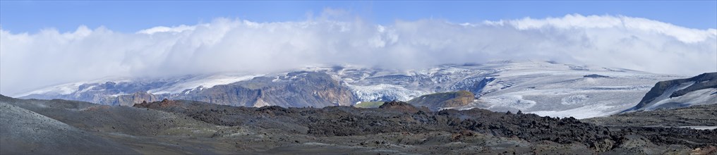 View across new lava fields created by a volcanic eruption in 2010 to the Myrdalsjokull glacier