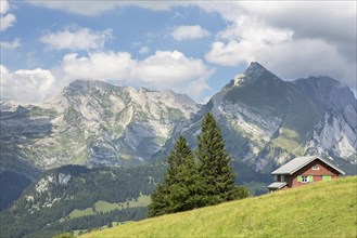 View from Klangweg or Sound Trail on Toggenburg Mountain towards the Alpstein Mountains with Saentis Mountain