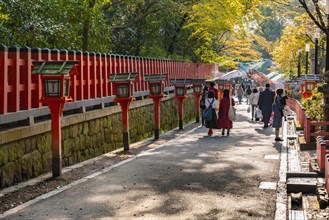 Way with red lanterns at Yasaka Shrine