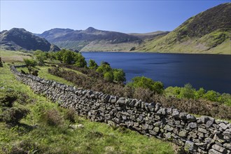 View over an old English stone wall towards the blue lake of Crummock Water