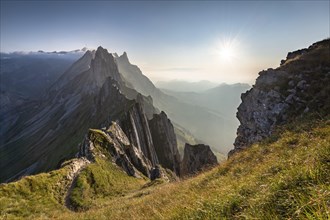 Mountain ridge in the Alpstein range in atmospheric light