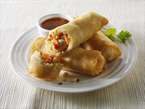Oriental spring rolls filled with chicken and vegetables with a chilli dipping sauce